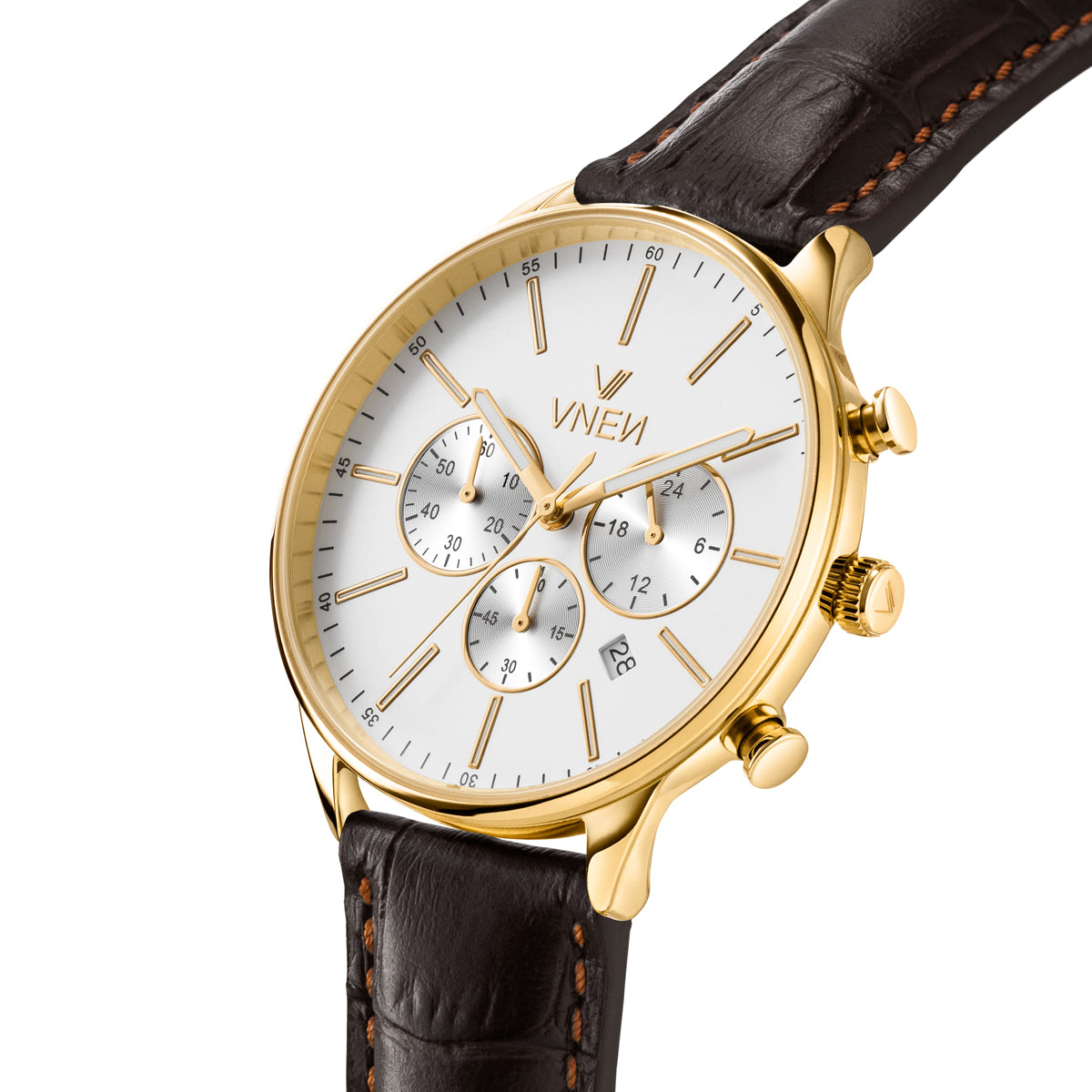 Munir Chrono Gold Weiss Leder Braun allign Schraeg