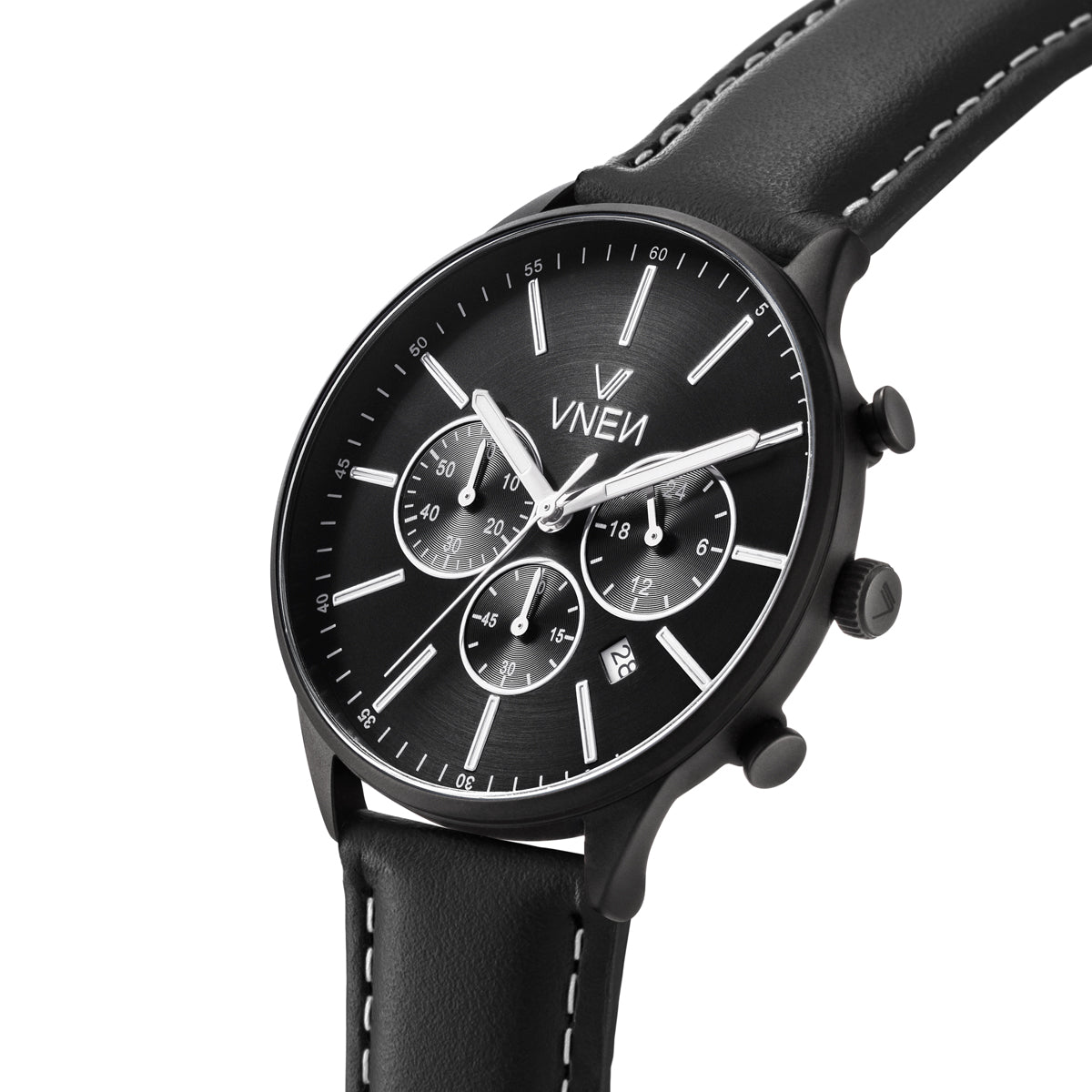 Munir Chrono Schwarz Leder Naht Weiss Schraeg