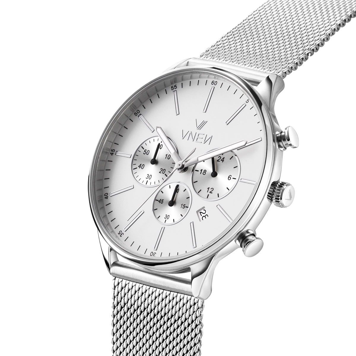 Munir Chrono Silber Weiss Mesh Silber Schraeg