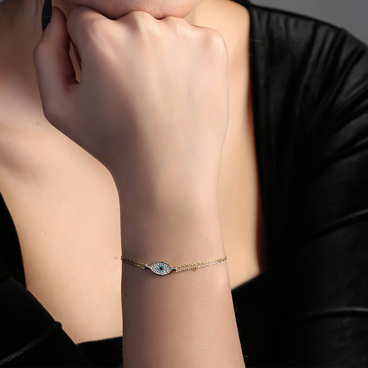 Nazar Doppel Gliederarmband Auge Evil Eye mit Zirkonia Steinen Gold 925 Sterling Silber Bild