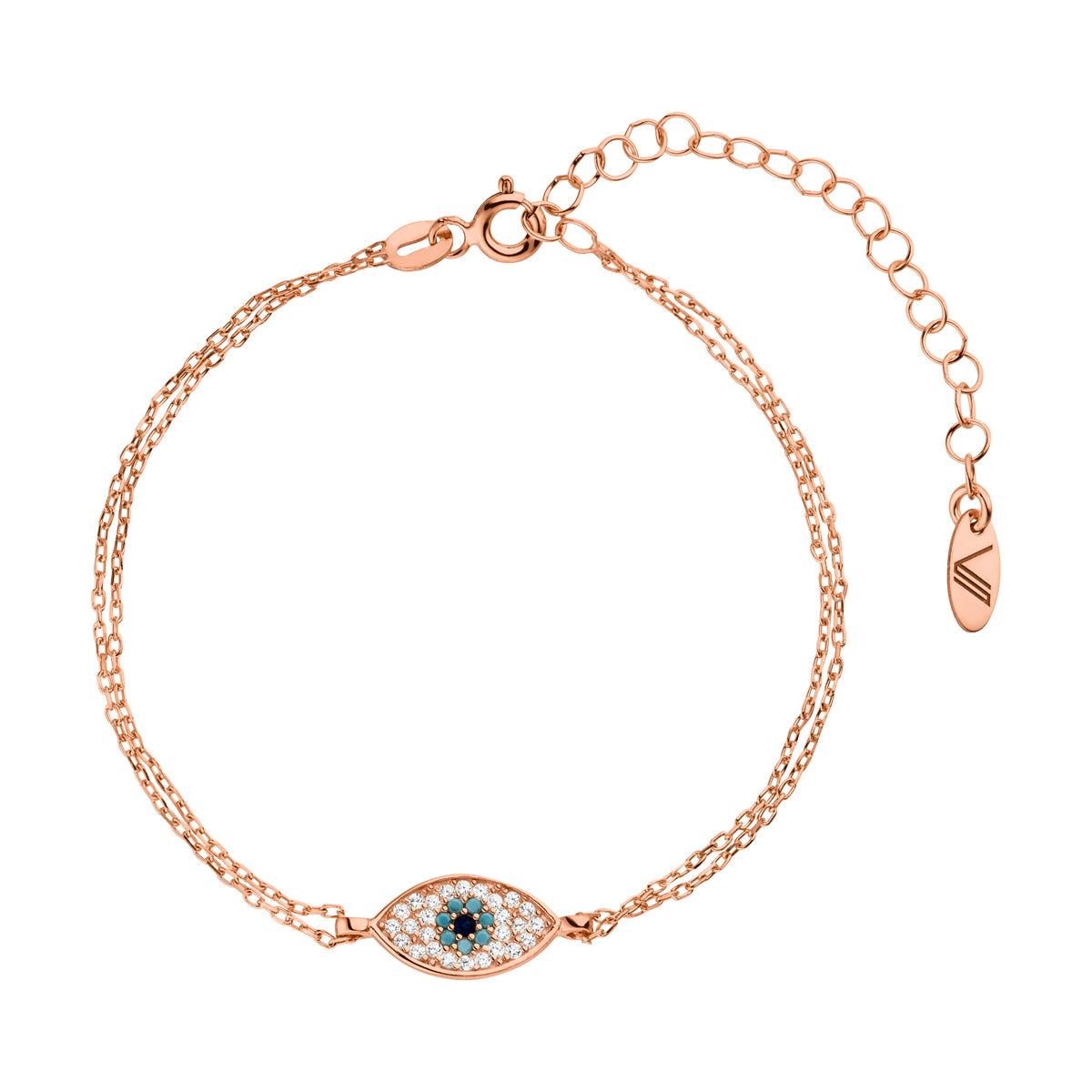 Nazar Doppel-Gliederarmband Auge Evil Eye mit Zirkonia-Steinen Rosegold 925 Sterling Silber