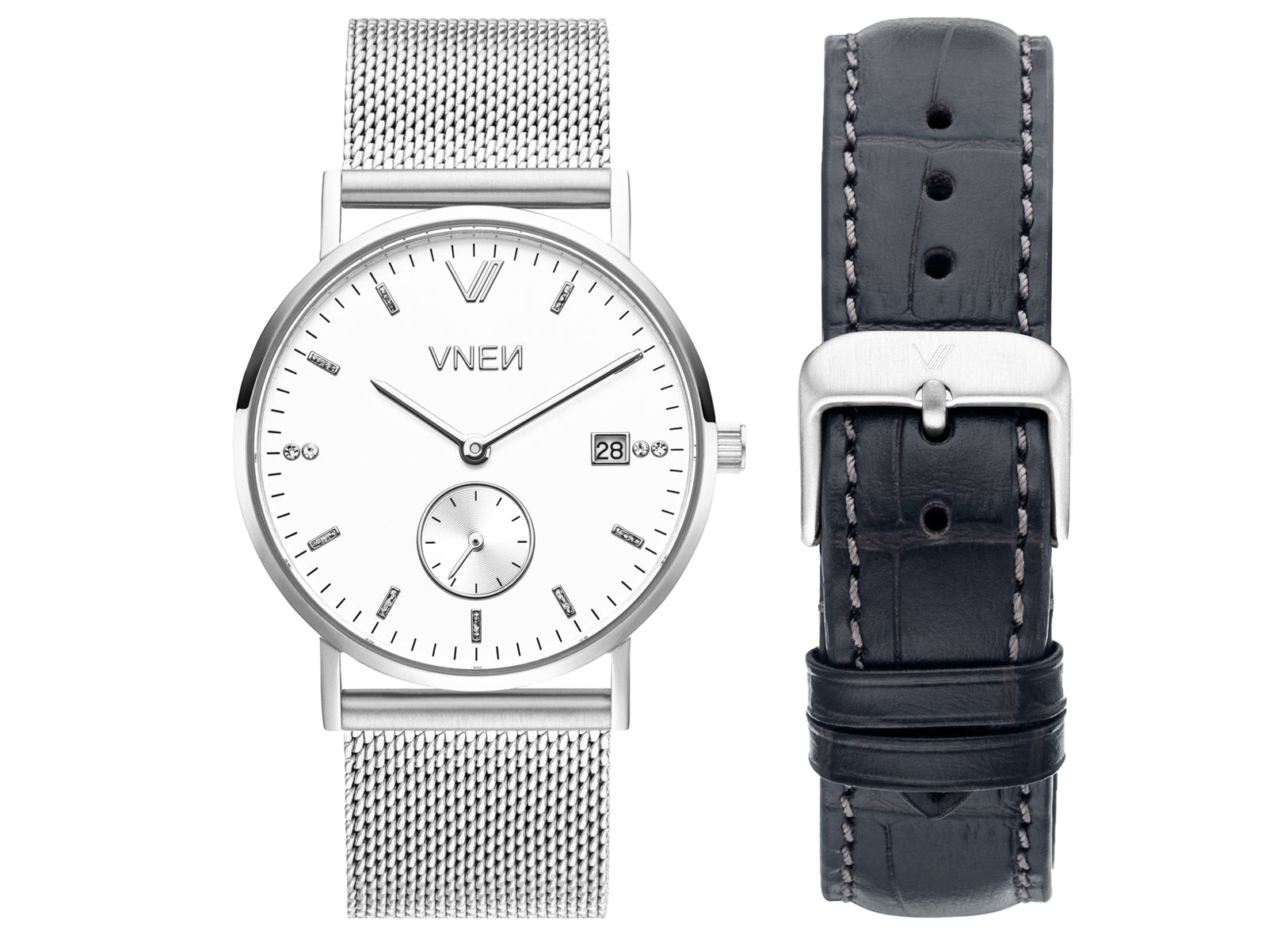 Nevra Silber Weiss Mesh Silber Uhrenarmband Leder Grau Allign