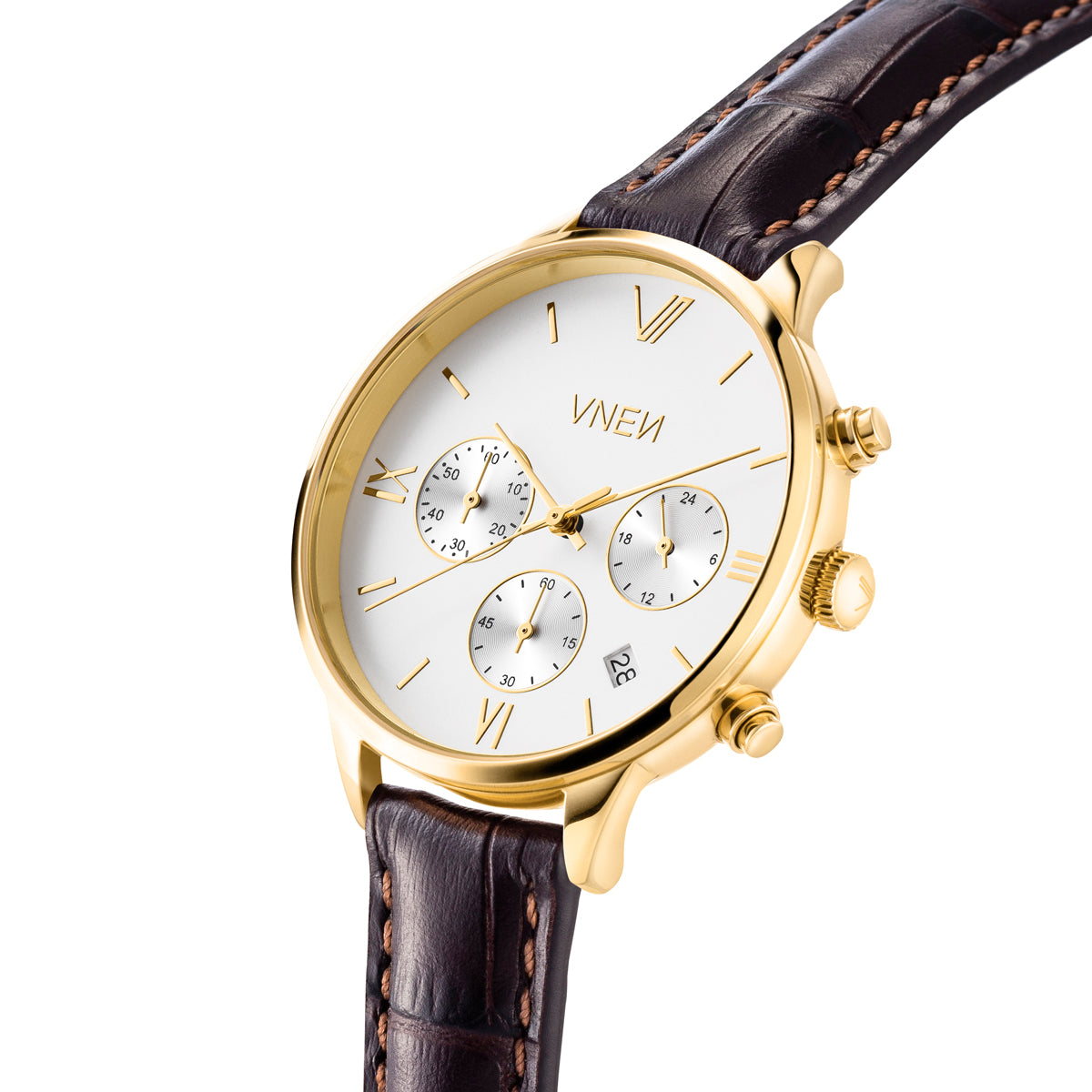 Vaveyla Chrono Gold Weiss Leder Braun Allign Schraeg