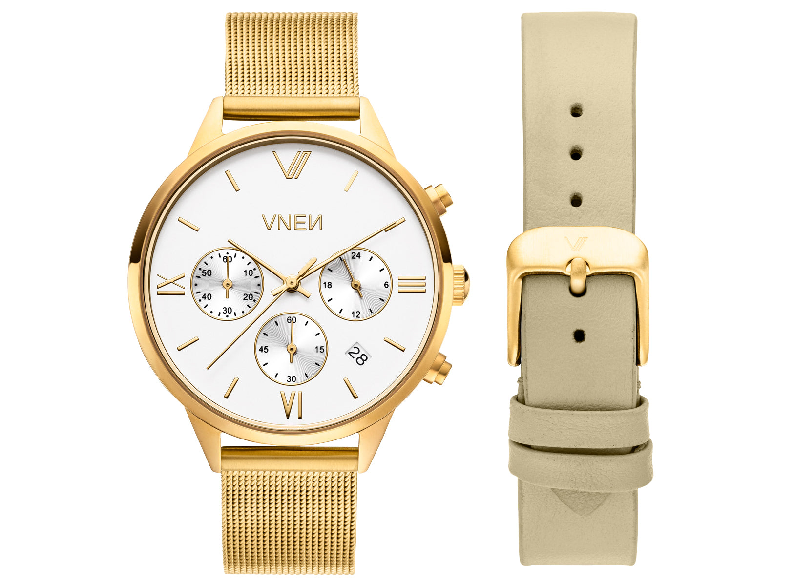 Vaveyla Chrono Gold Weiss Mesh Gold Uhrenarmband Leder Sand Glatt