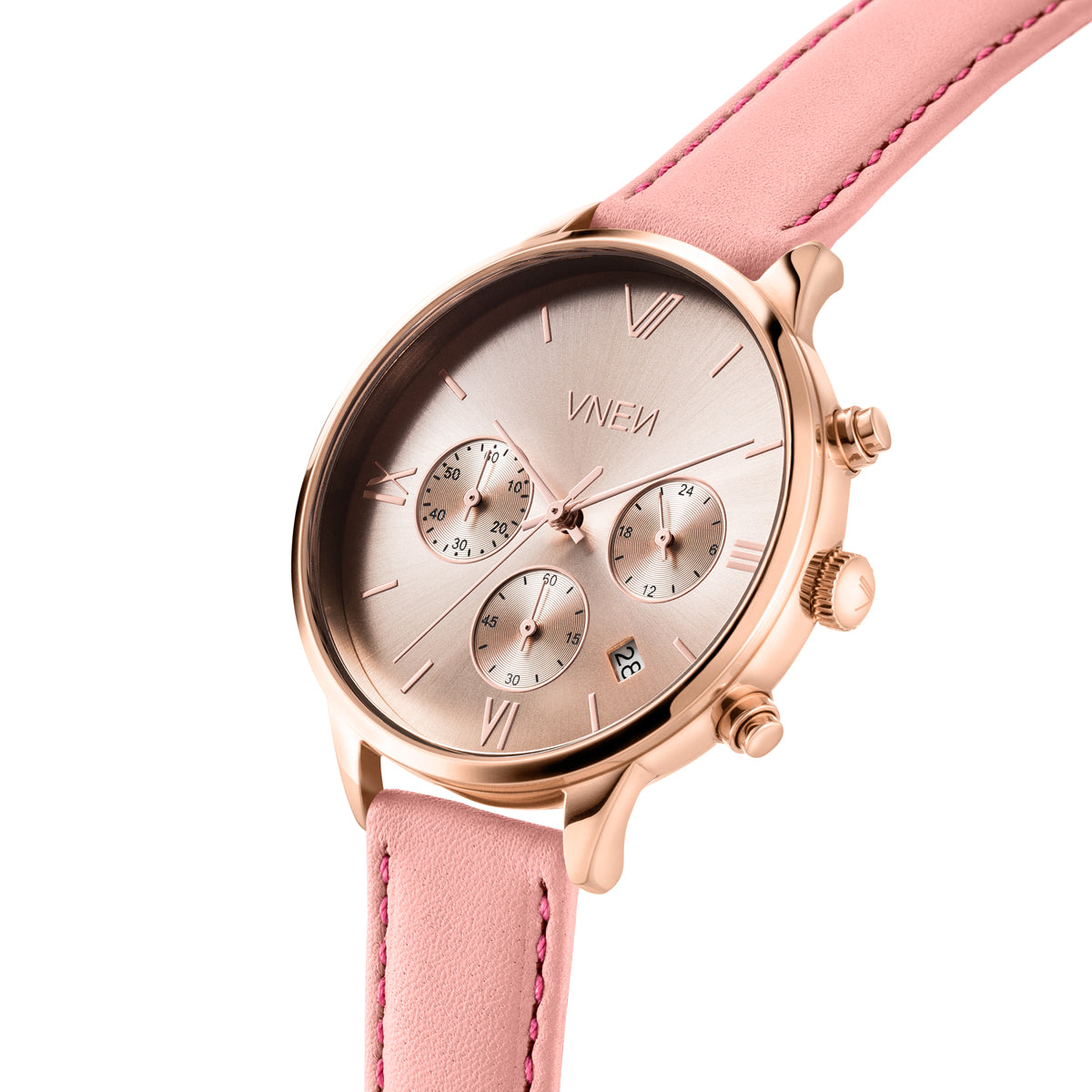Vaveyla Chrono Rosegold Leder Pink Schraeg