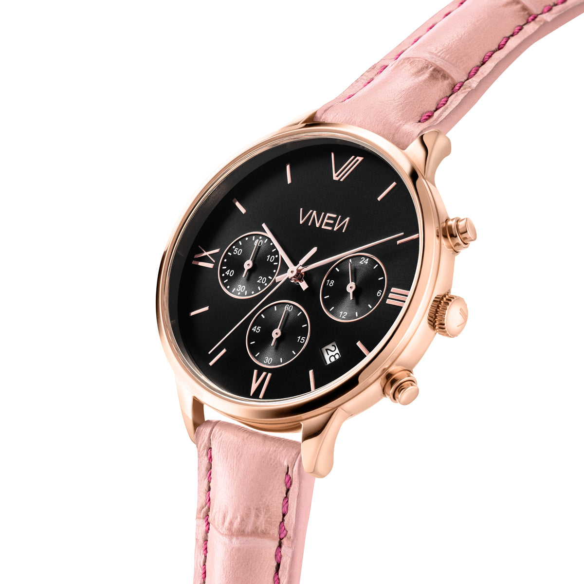 Vaveyla Chrono Rosegold Schwarz Leder Koralle Allign Schraeg