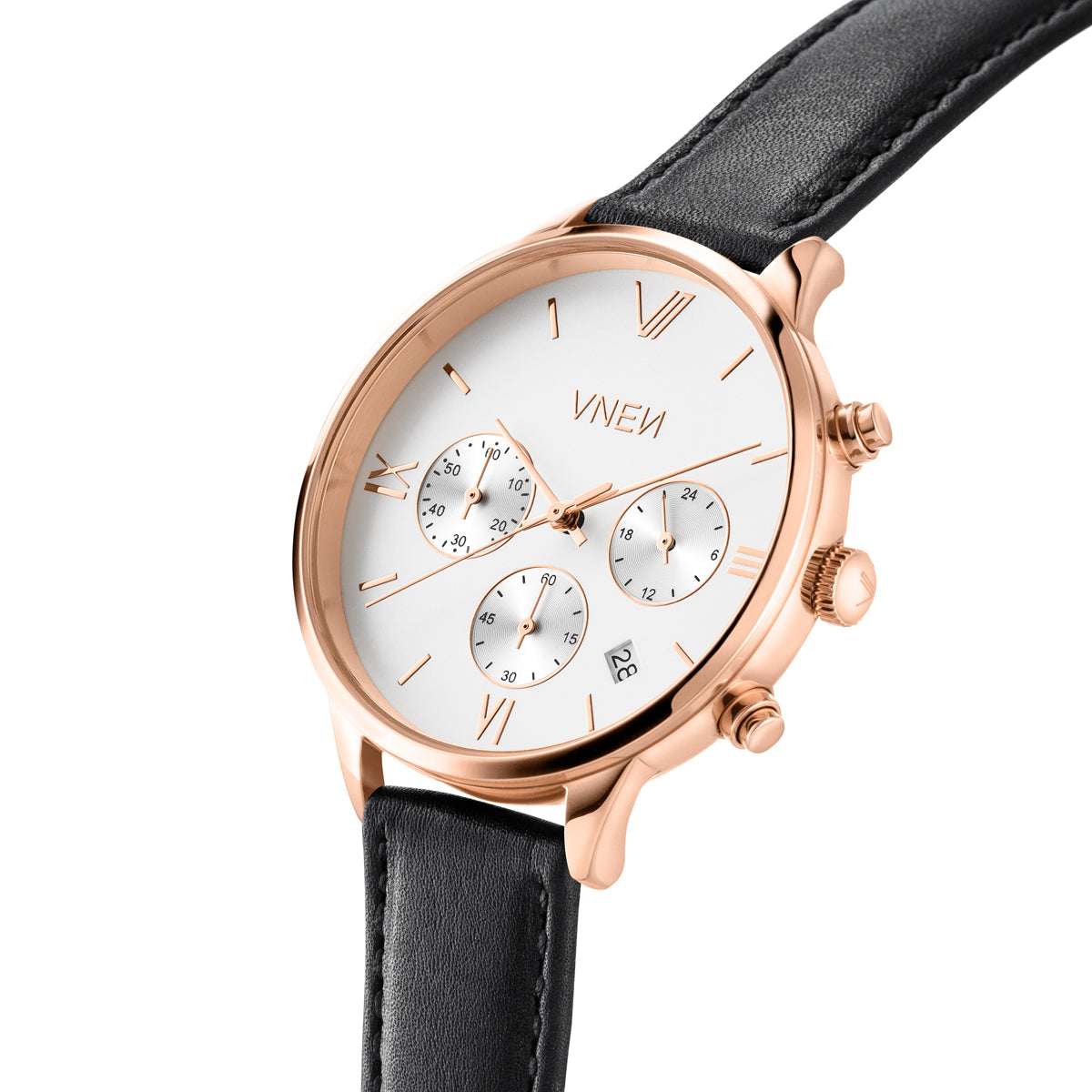 Vaveyla Chrono Rosegold Schwarz Leder Schwarz 3 Schraeg