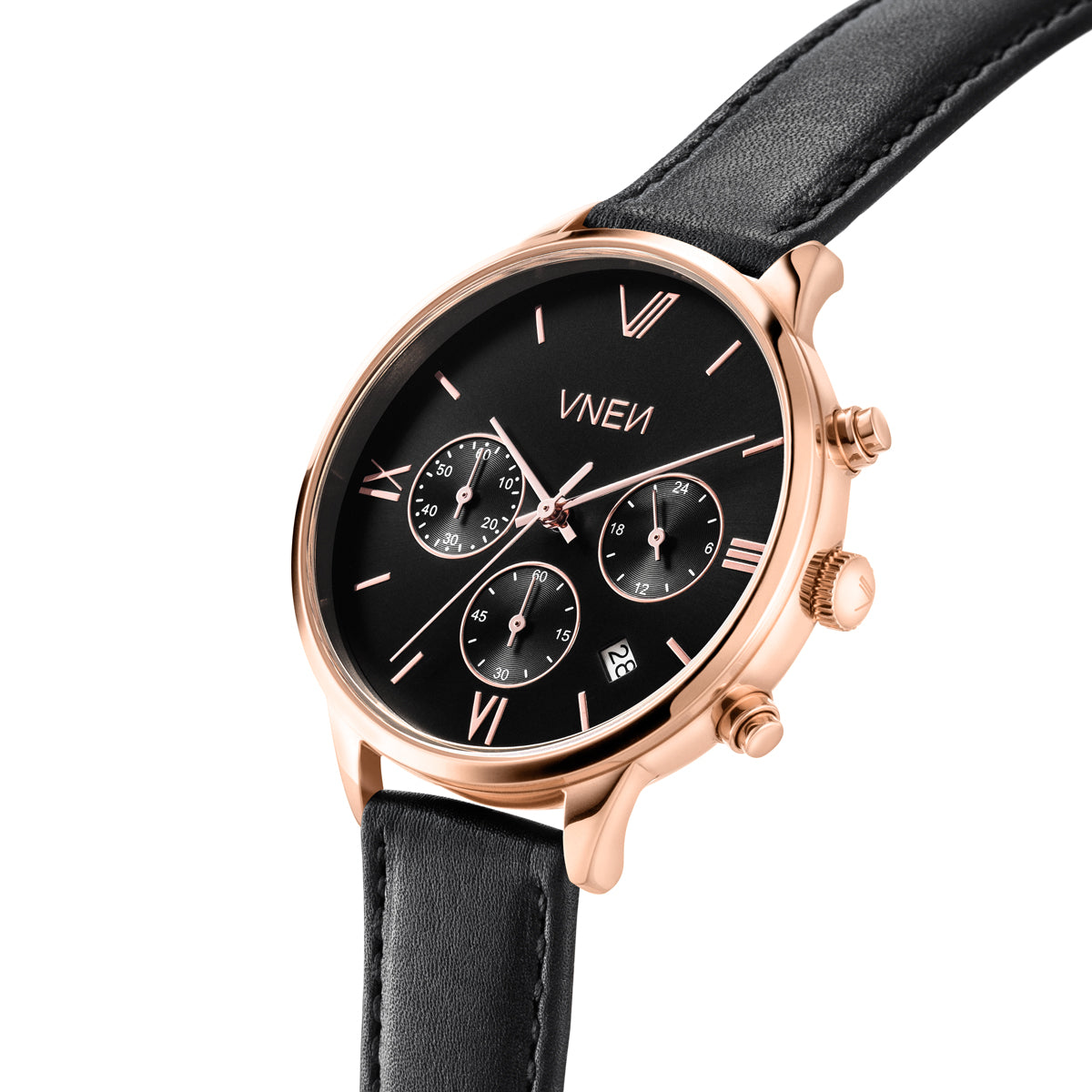 Vaveyla Chrono Rosegold Schwarz Leder Schwarz 3 Schraeg