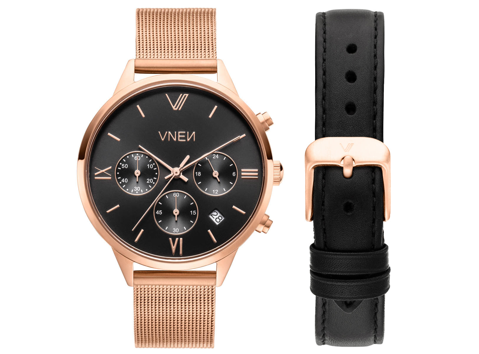 Vaveyla Chrono Rosegold Schwarz Mesh Rosegold Uhrenarmband Leder Schwarz