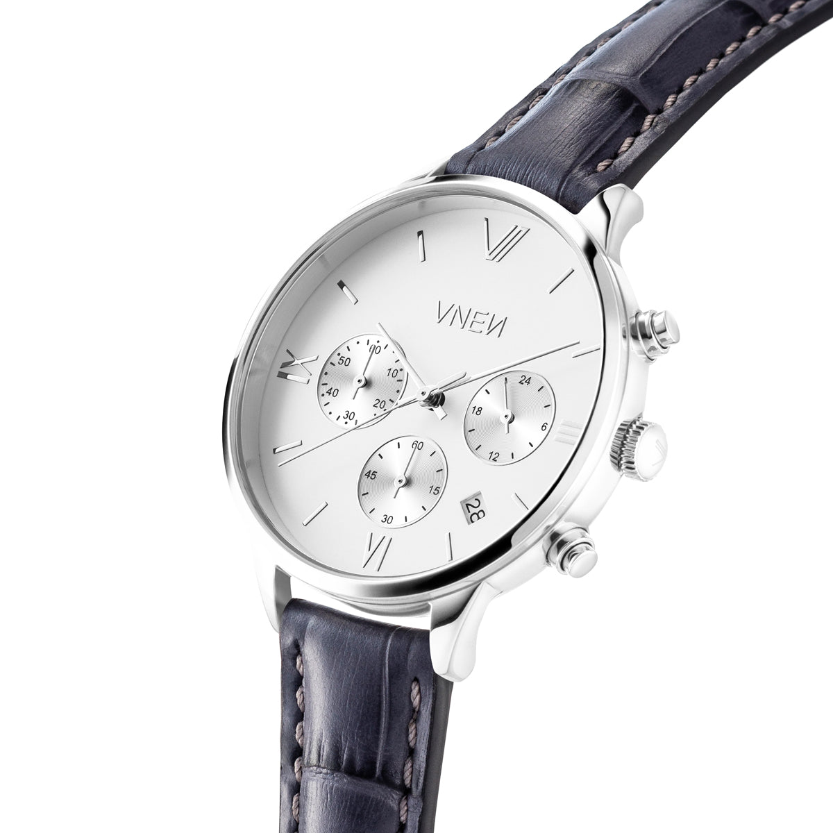 Vaveyla Chrono Silber Weiss Leder Grau Allign Schraeg