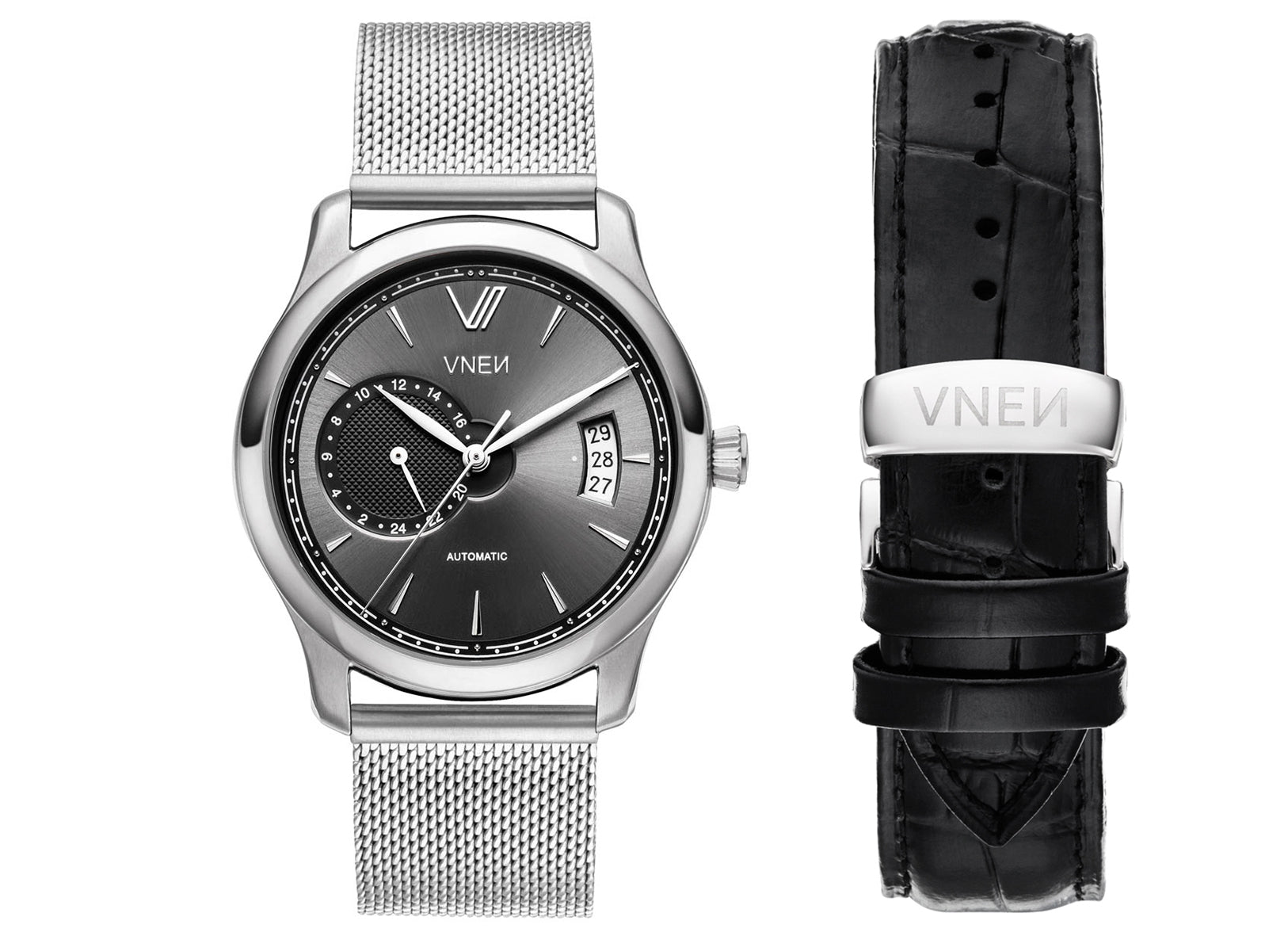 Bite Silber Grau Mesh Silber Uhrenarmband Leder Schwarz Allign Pusher