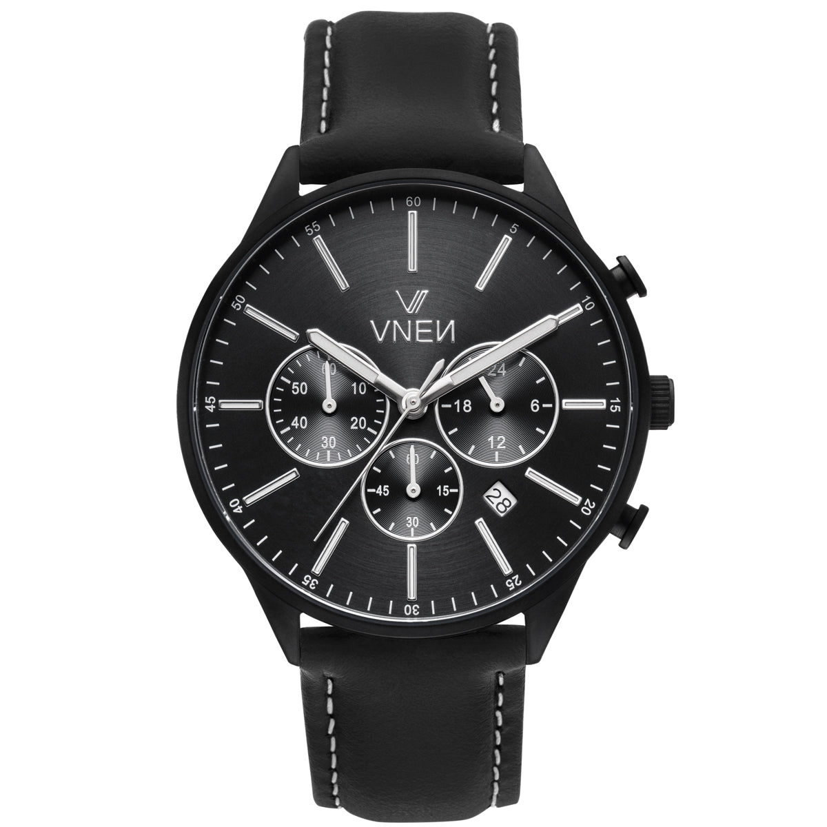Munir Chrono Schwarz Leder Naht Weiß Front