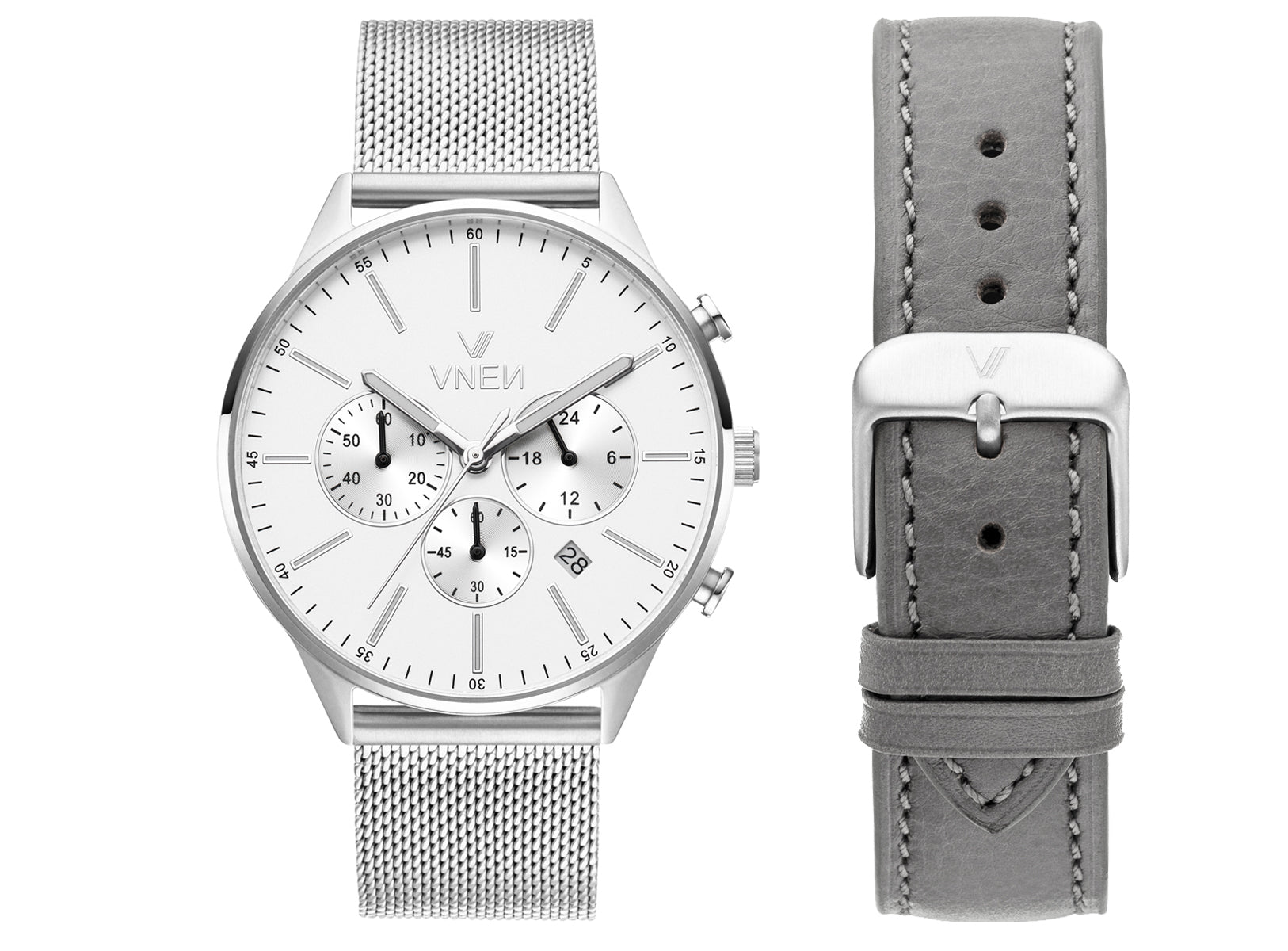Munir Chrono Silber Weiss Mesh Silber Uhrenarmband Leder Steingrau