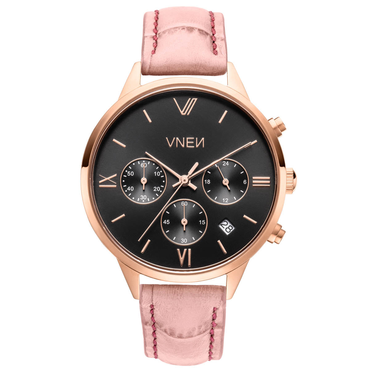 Vaveyla Chrono Roségold Schwarz Leder Koralle Allign Front