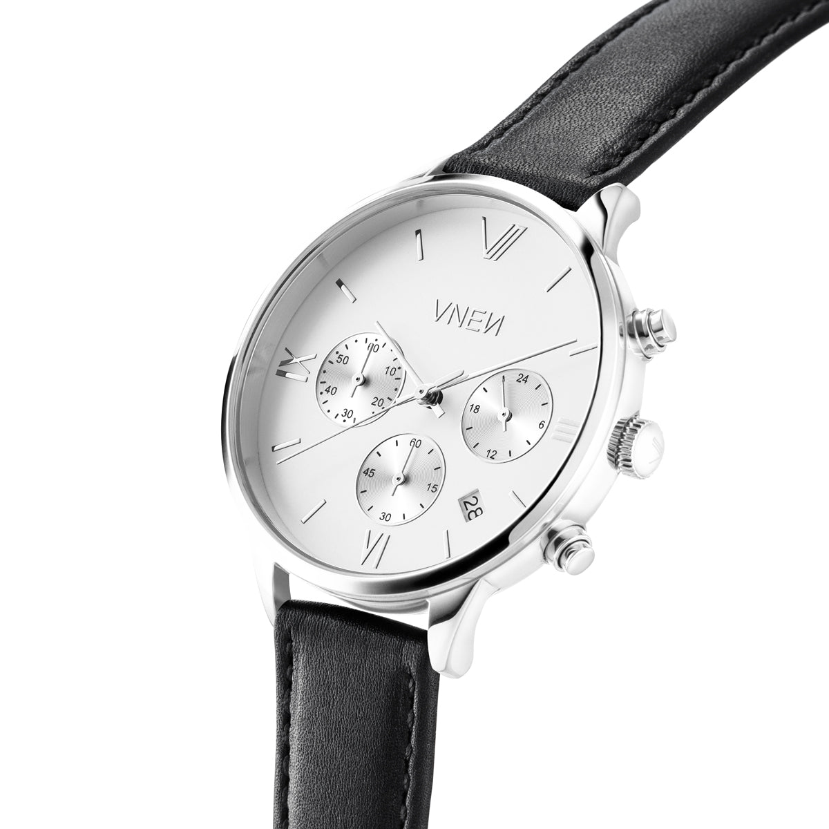 Vaveyla Chrono Silber Weiss Leder Schwarz 3 Schraeg