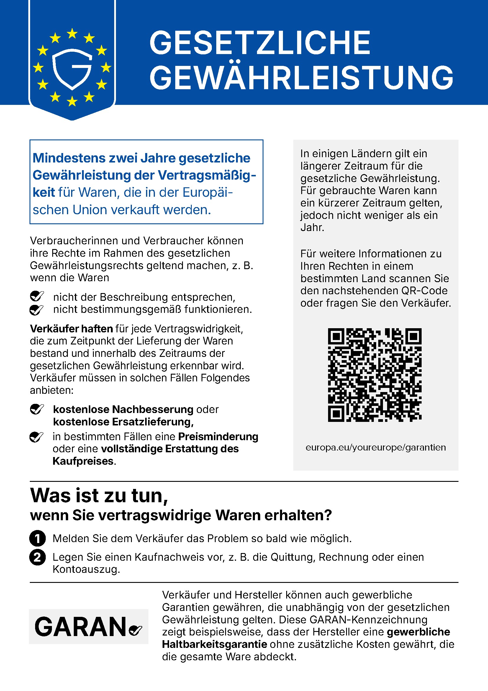 EU-Hinweis: Gesetzliche Gewährleistung von mindestens 2 Jahren bei Vertragswidrigkeit der Ware